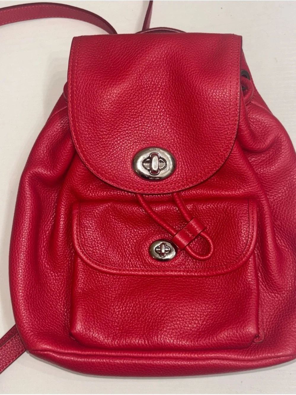 Coach Red Pebbled Leather Mini Backpack with Turn-Lock Front Pocket